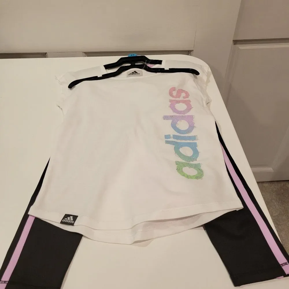 Girl's Adidas 3 Piece Set Tee Shirts and Pants Pink White Black Size 4T